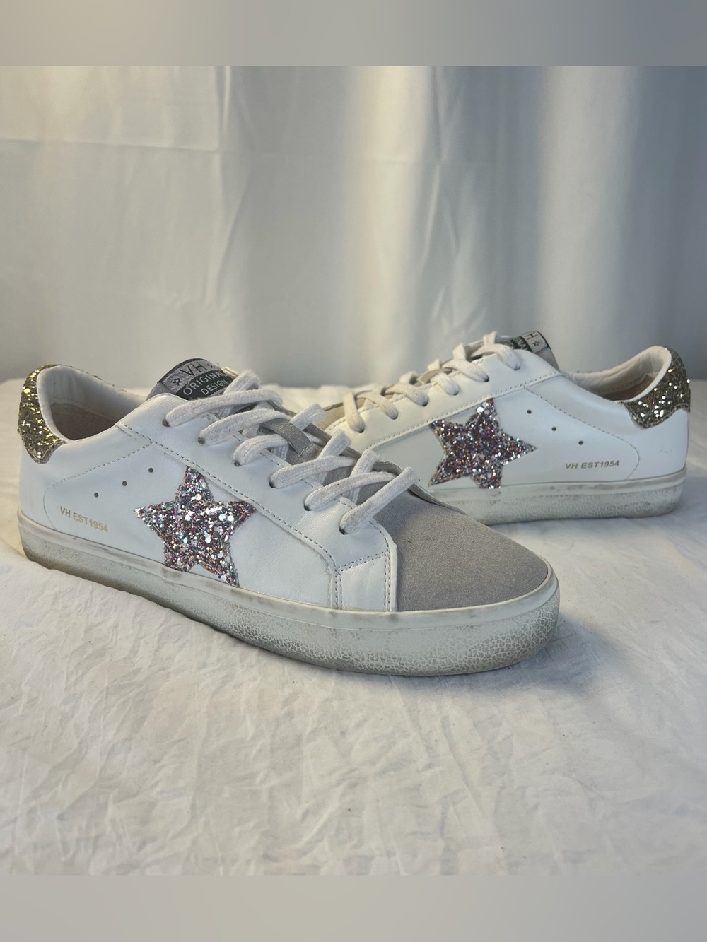 Vintage Havana Cora sz10 White Shoe Pink Glitter Star&Silver Glitter Distressed
